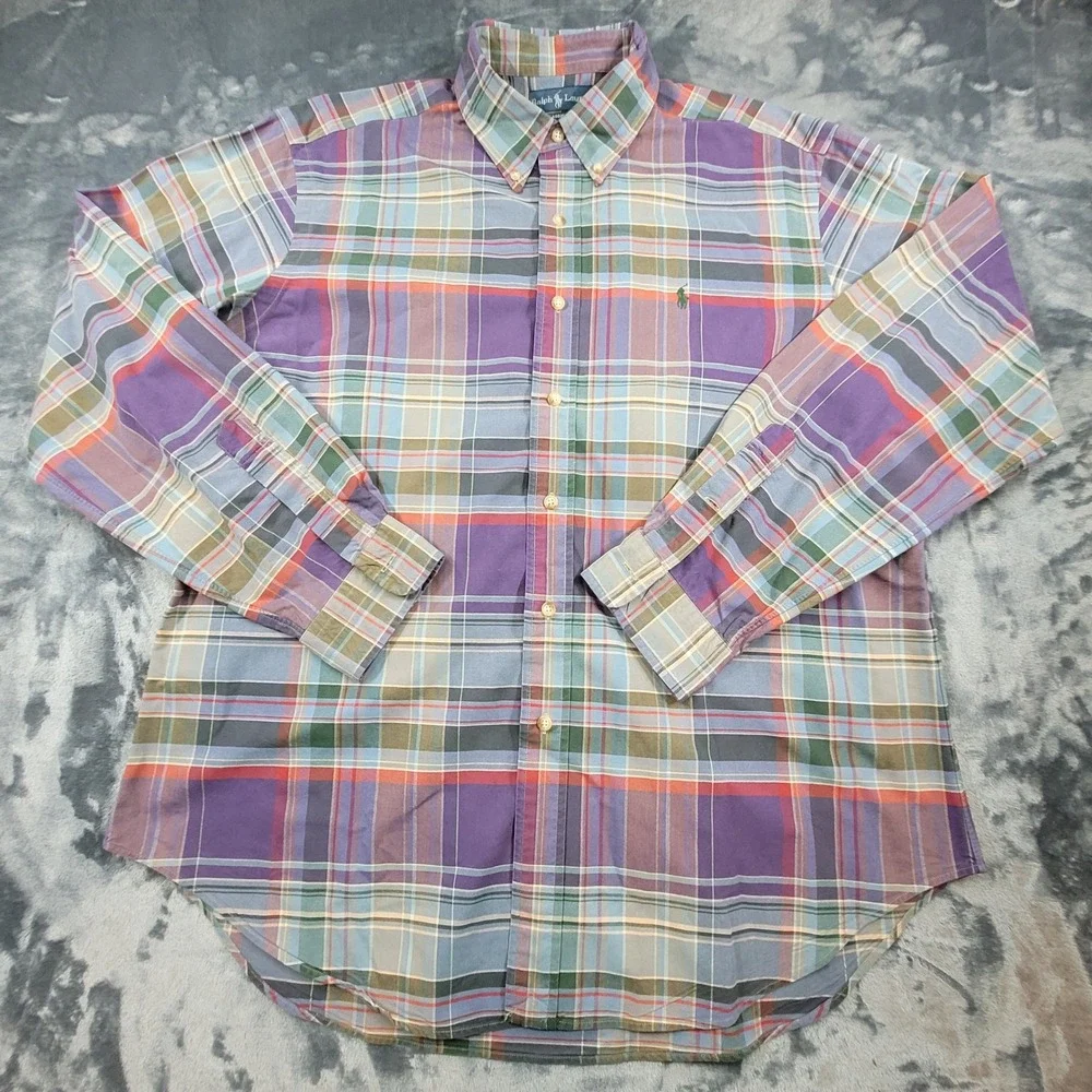 Ralph Lauren Mens XL Classic Fit Plaid Button Down Shirt Purple Green Cotton